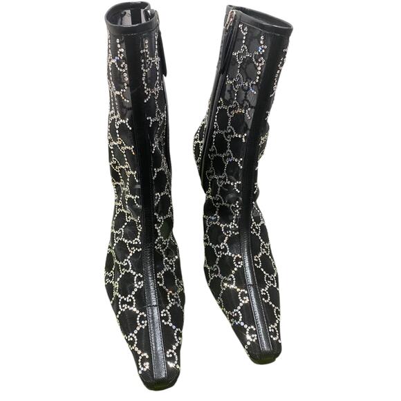 Gucci Demi Crystal GG Logo Mesh Pointed Toe Ankle Boot Black 85mm - Picture 2 of 13